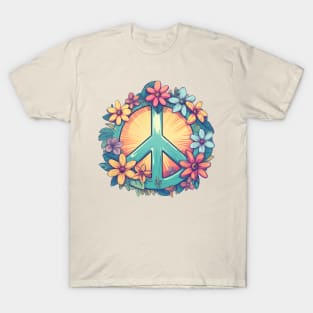 Groovy retro peace sign with pastel flowers T-Shirt